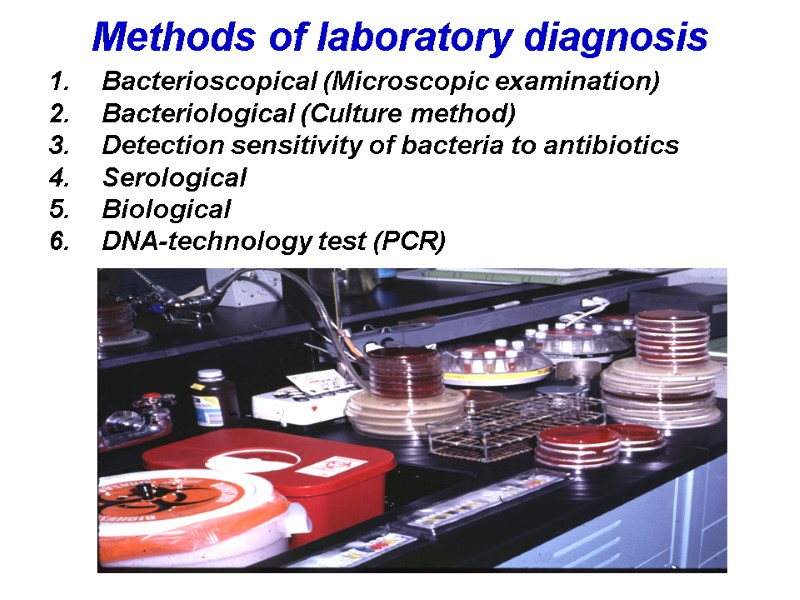 Methods of laboratory diagnosis Bacterioscopical (Microscopic examination) Bacteriological (Culture method) Detection sensitivity of bacteria